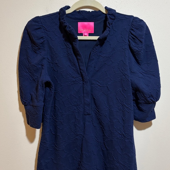 Lilly Pulitzer Elsey Navy Blue Textured Puff Elbow Sleeve Mini Dress Size Small - Picture 7 of 13